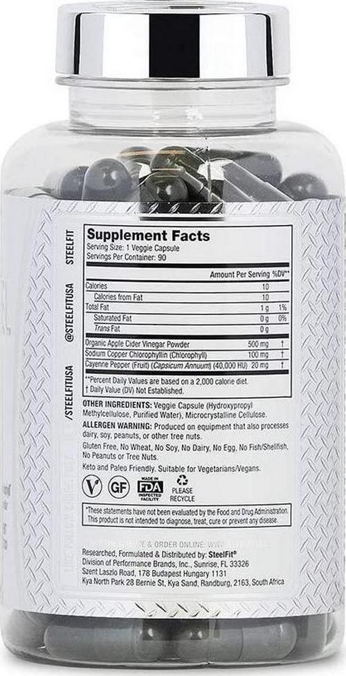 SteelFit Pure Steel Apple Cider Vinegar Capsules - Natural Detoxifier - Cayenne Pepper - Chlorophyll - Digestion -Supports Weight Management - Vegan - Gluten Free - Keto Friendly - 90 Veggie Capsules