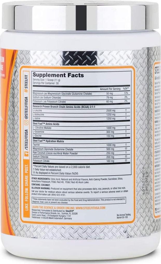 SteelFit Steel Fuel - Branched Chain Amino Acids - 5g BCAA Blend - Muscle Recovery Endurance Powder - Added Hydration with Coconut Water Powder - Sugar Free - Vegan - Watermelon Lemonade - 30 Servings