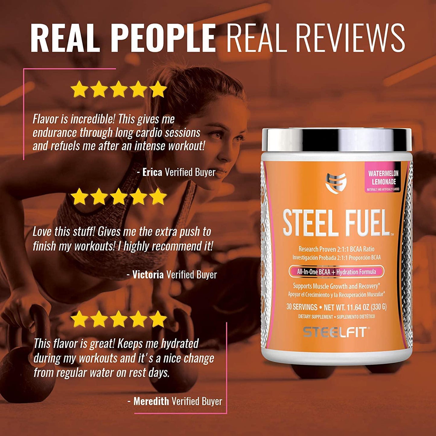 SteelFit Steel Fuel - Branched Chain Amino Acids - 5g BCAA Blend - Muscle Recovery Endurance Powder - Added Hydration with Coconut Water Powder - Sugar Free - Vegan - Watermelon Lemonade - 30 Servings