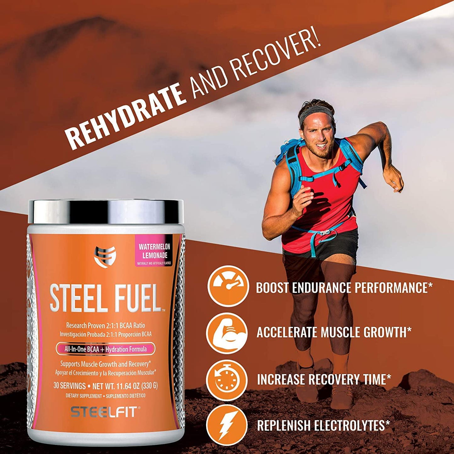 SteelFit Steel Fuel - Branched Chain Amino Acids - 5g BCAA Blend - Muscle Recovery Endurance Powder - Added Hydration with Coconut Water Powder - Sugar Free - Vegan - Watermelon Lemonade - 30 Servings