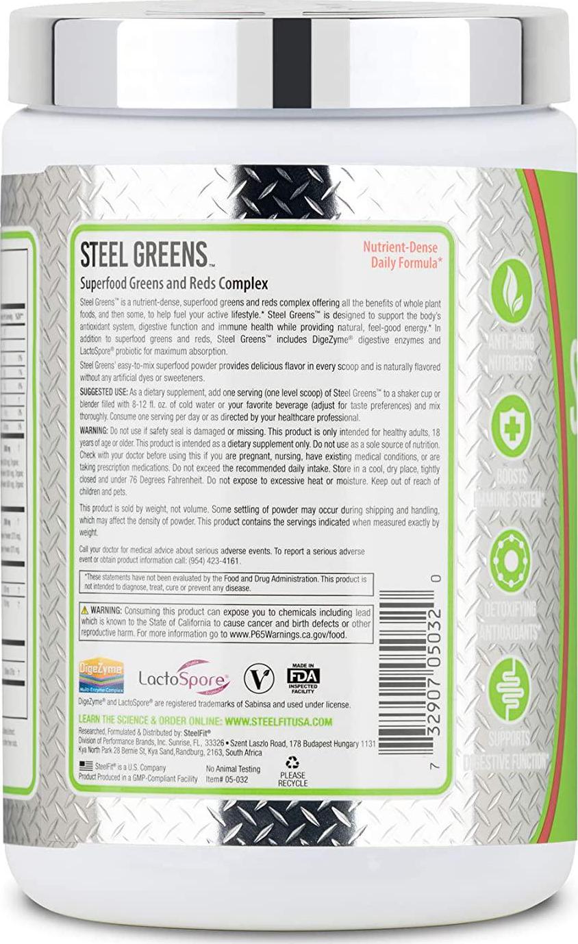 SteelFit Steel Greens - Superfood Greens and Reds Complex - Nutrient Dense Daily Formula - Added Digestive Enzyme - Probiotic - Organic Greens and Reds - Vegan - 30 Servings (Watermelon Mint)