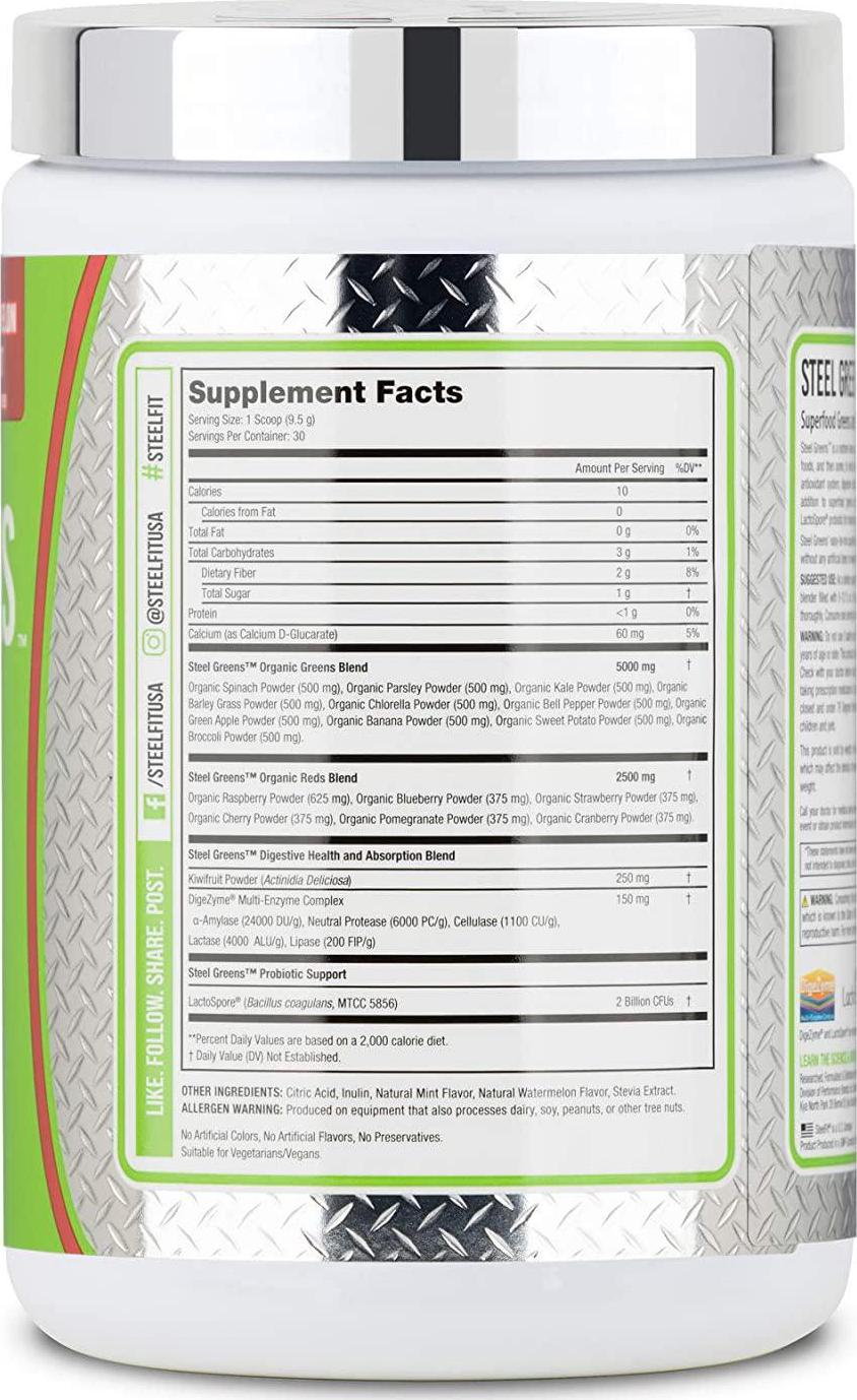 SteelFit Steel Greens - Superfood Greens and Reds Complex - Nutrient Dense Daily Formula - Added Digestive Enzyme - Probiotic - Organic Greens and Reds - Vegan - 30 Servings (Watermelon Mint)