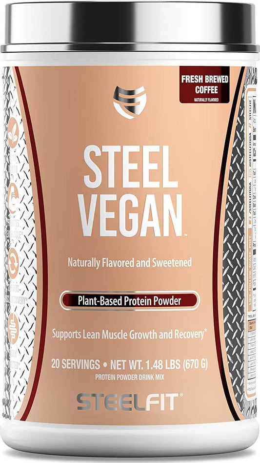 SteelFit Steel Vegan - Plant Based Protein Powder - Gluten Free - Soy Free - Lactose Free - 20g Protein - Naturally Flavored and Sweetened - 20 Servings (Fresh Brewed Coffee, 20 Servings)