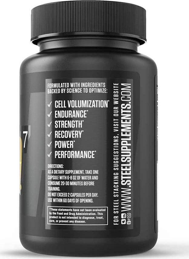 Steel Supplements N.O.7 Pre Workout Nitric Oxide Booster Blood Flow Pump