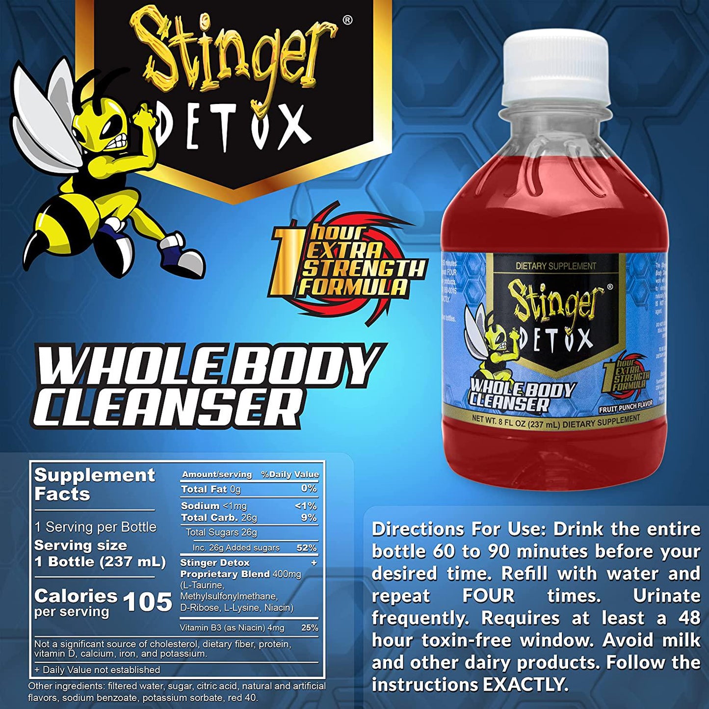 Stinger Detox Whole Body Cleanser 1 Hour Extra Strength Drink Fruit Punch 8 FL OZ - 4 Pack