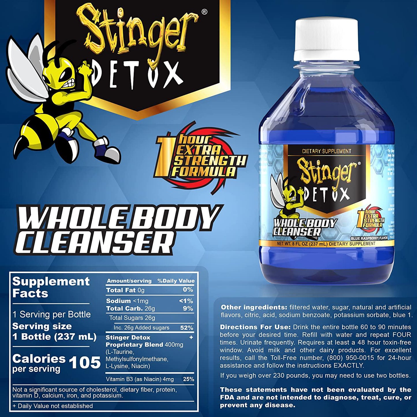 Stinger Detox Whole Body Cleanser 1 Hour Extra Strength Drink Blue Raspberry 8 FL OZ
