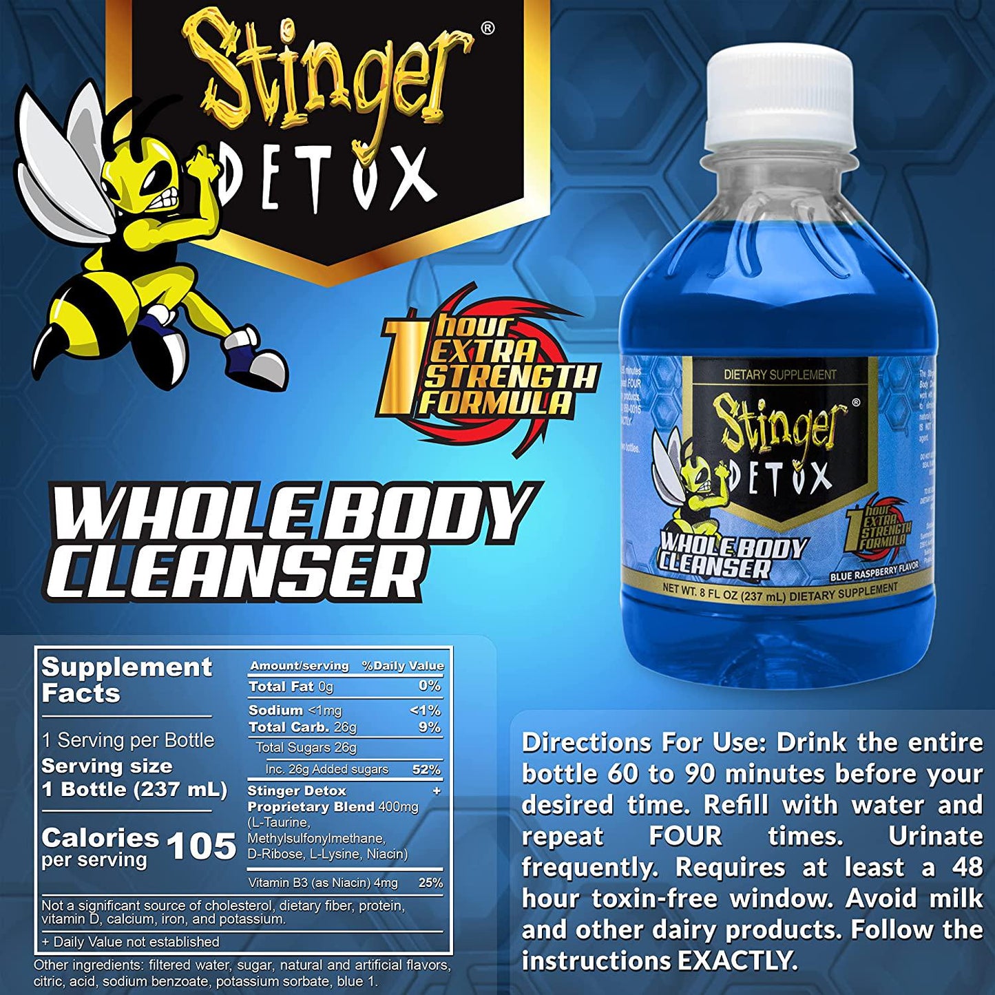 Stinger Detox Whole Body Cleanser 1 Hour Extra Strength Drink Blue Raspberry 8 FL OZ