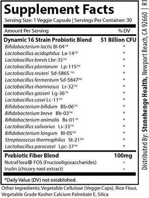 Stonehenge Health Dynamic Biotics 50+ Billion Probiotic CFUs 16 Strains + Prebiotic, Lactobacillus Acidophilus, Delayed Release, Shelf Stable, Non-GMO Gluten Soy Free Vegetarian Capsules (1 pack)