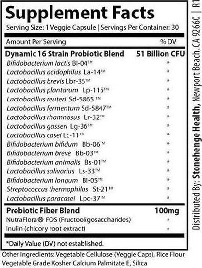 Stonehenge Health Dynamic Biotics 50+ Billion Probiotic CFUs 16 Strains + Prebiotic, Lactobacillus Acidophilus, Delayed Release, Shelf Stable, Non-GMO Gluten Soy Free Vegetarian Capsules (1 pack)