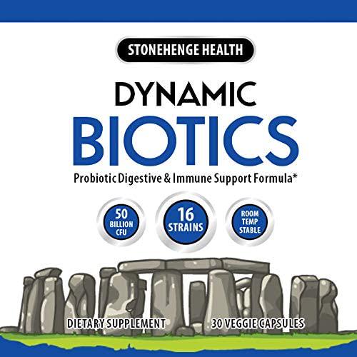 Stonehenge Health Dynamic Biotics 50+ Billion Probiotic CFUs 16 Strains + Prebiotic, Lactobacillus Acidophilus, Delayed Release, Shelf Stable, Non-GMO Gluten Soy Free Vegetarian Capsules (1 pack)