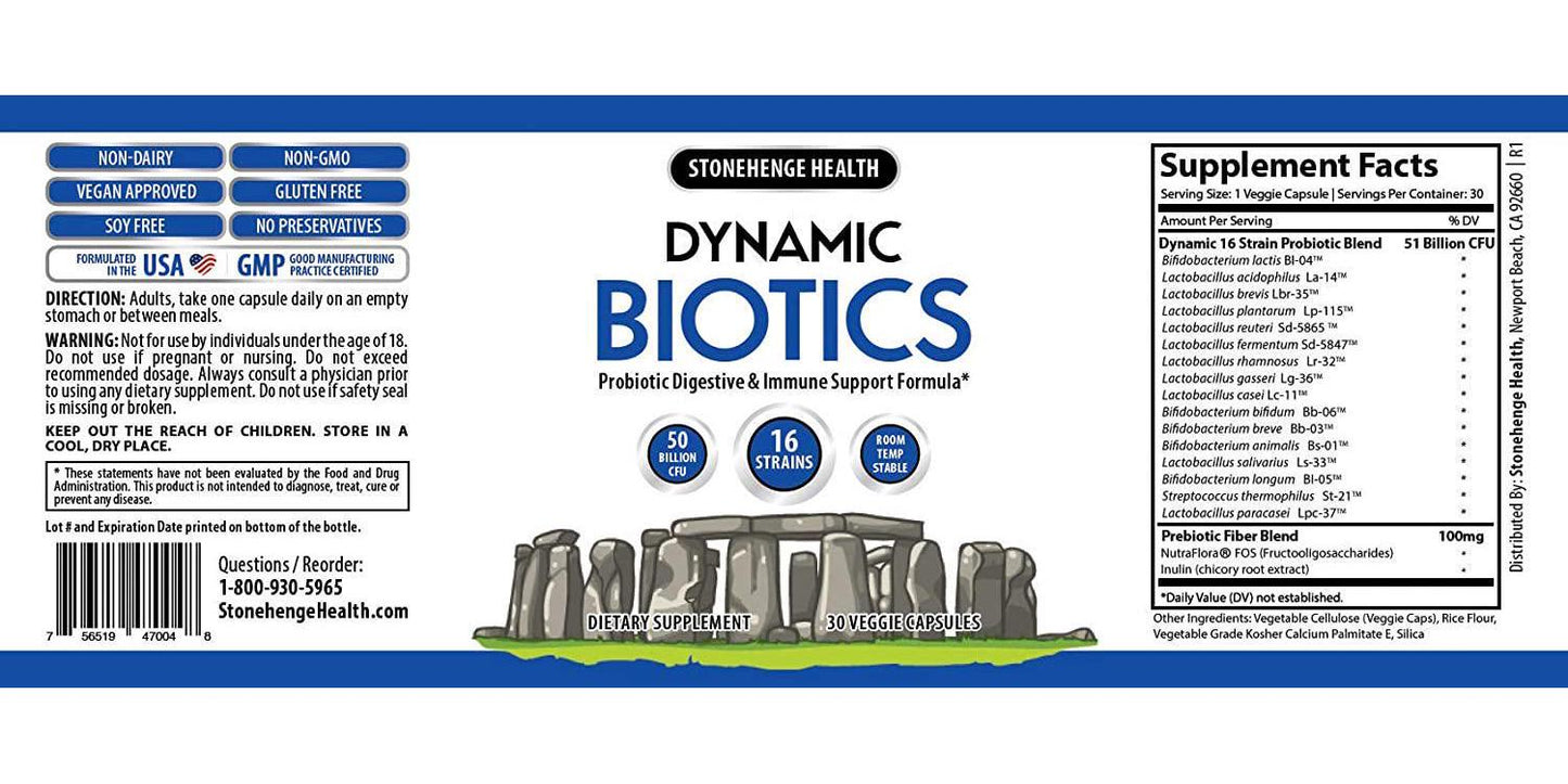 Stonehenge Health Dynamic Biotics 50+ Billion Probiotic CFUs 16 Strains + Prebiotic, Lactobacillus Acidophilus, Delayed Release, Shelf Stable, Non-GMO Gluten Soy Free Vegetarian Capsules (1 pack)