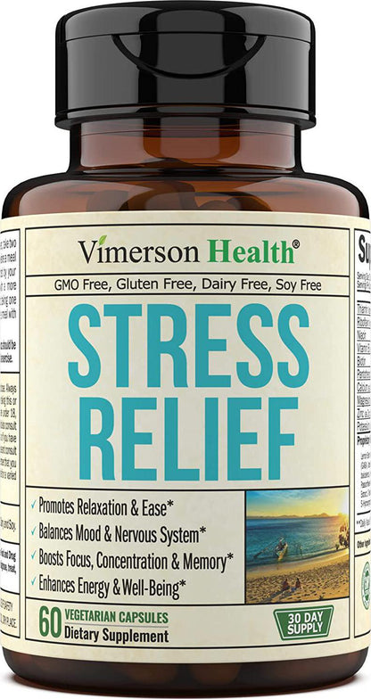 Stress Relief Mood Enhancer Supplement. Relief from Occasional Anxiety, with Biotin, 5-HTP, Valerian, Lutein, Vitamin B1 B2 B5 B6, L-Theanine, St. John's Wort, Ashwagandha, Chamomile. Niacin, GABA.