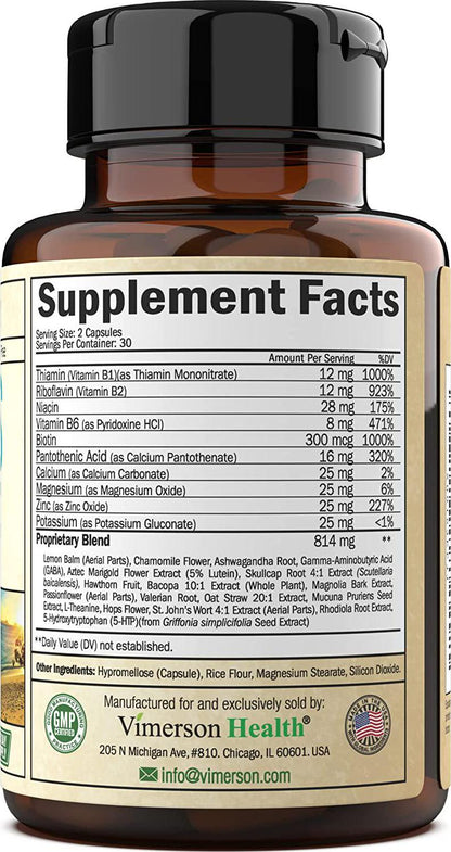 Stress Relief Mood Enhancer Supplement. Relief from Occasional Anxiety, with Biotin, 5-HTP, Valerian, Lutein, Vitamin B1 B2 B5 B6, L-Theanine, St. John's Wort, Ashwagandha, Chamomile. Niacin, GABA.