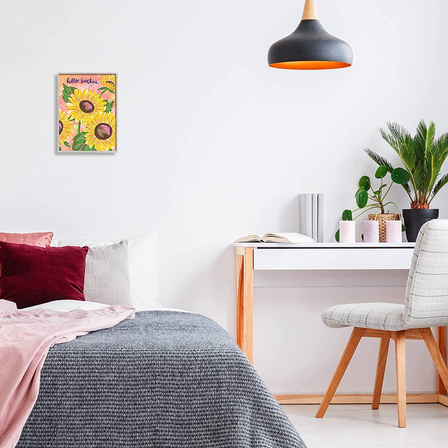 Stupell Industries Hello Sunshine Sentiment Blushing Yellow Sunflowers Small Daisies, Design by Deborah Curiel Gray Framed Wall Art, 11 x 14, Pink