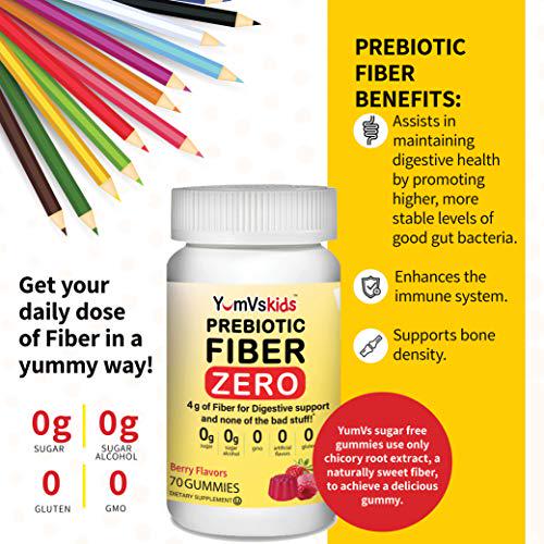 Sugar Free Fiber Gummies for Kids by YumVs | Zero Keto Prebiotic Gummy Chews for Toddlers | 4 g Fiber for Children Constipation Support | Natural Kosher Halal Berry Chewable | 2-Pack, 70 Count Each