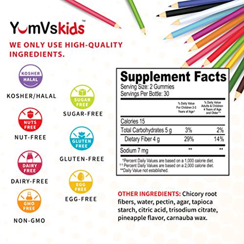 Sugar Free Fiber Gummies for Kids by YumVs | Zero Keto Prebiotic Gummy Chews for Toddlers | 4 g Fiber for Children Constipation Support | Natural Kosher Halal Berry Chewable | 2-Pack, 70 Count Each