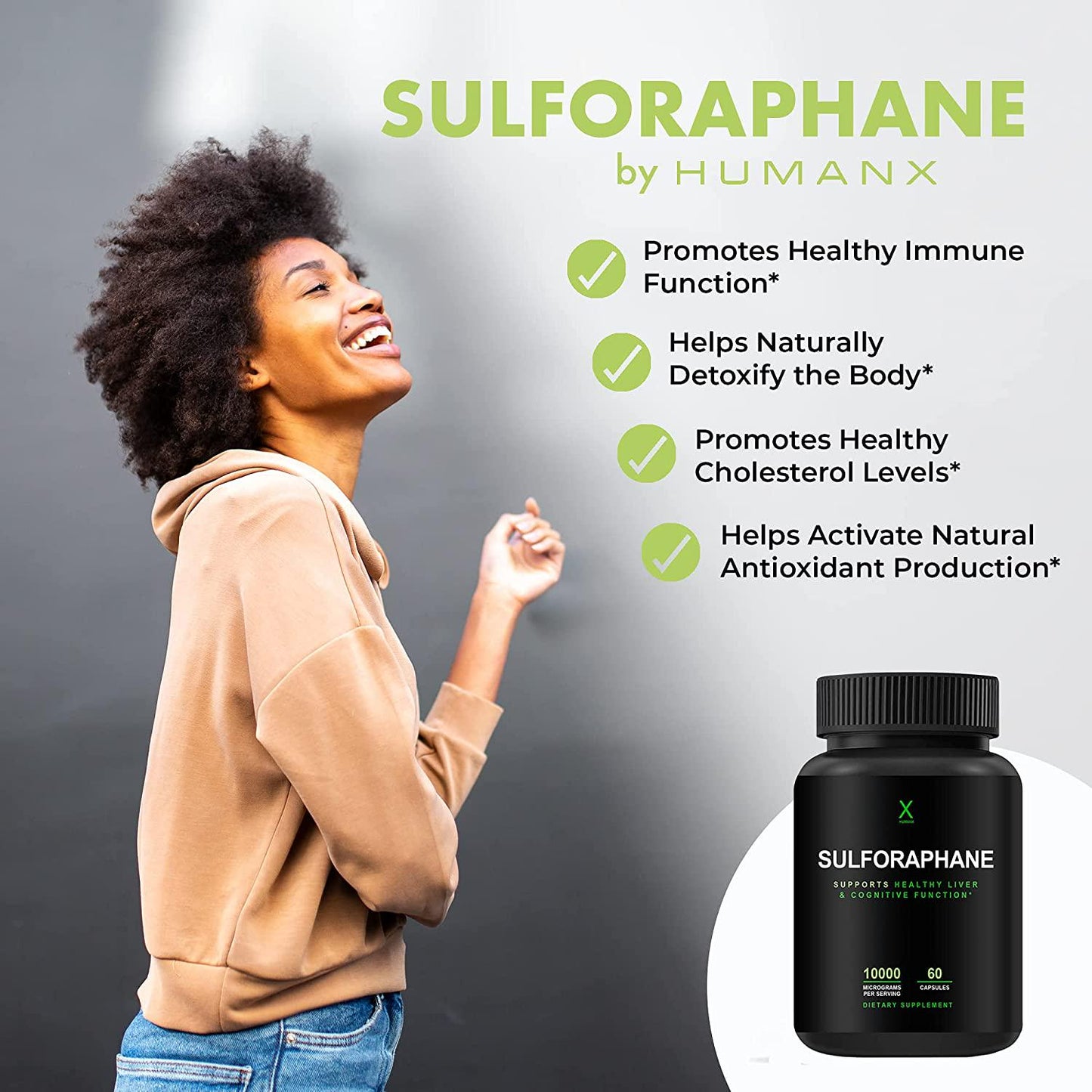 Sulforaphane Supplement 10000 mcg (Made in The USA) Third Party Tested Sulforaphane Supports Cellular Optimization and Cognitive Function, Broccoli Sprout Supplement, Broccoli Sprout Extract, HumanX
