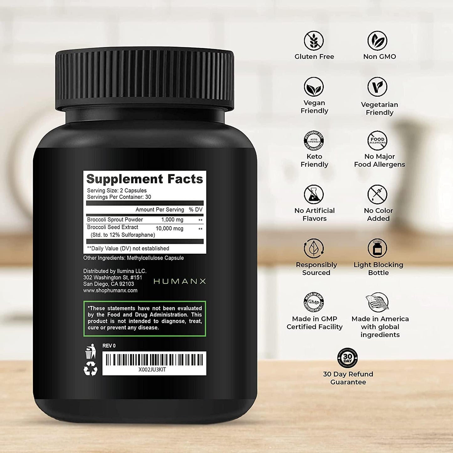Sulforaphane Supplement 10000 mcg (Made in The USA) Third Party Tested Sulforaphane Supports Cellular Optimization and Cognitive Function, Broccoli Sprout Supplement, Broccoli Sprout Extract, HumanX