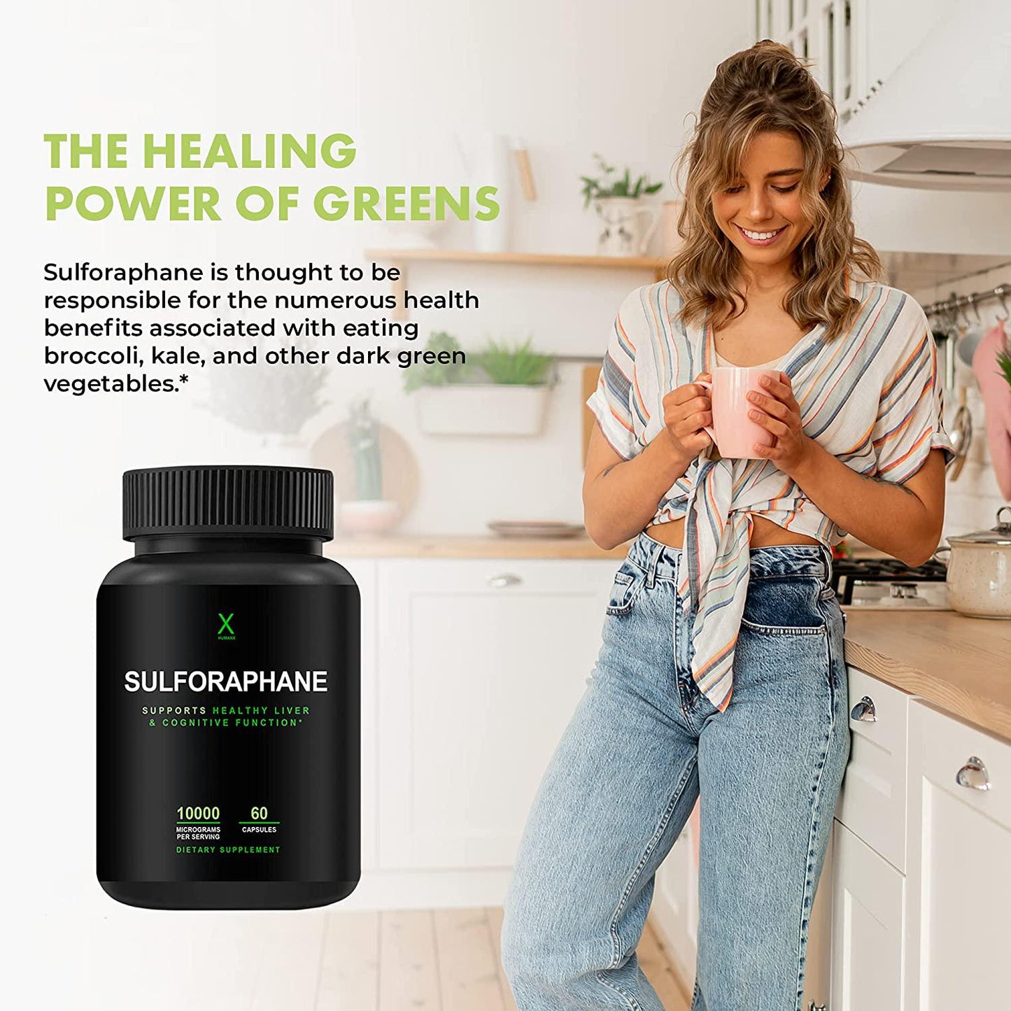 Sulforaphane Supplement 10000 mcg (Made in The USA) Third Party Tested Sulforaphane Supports Cellular Optimization and Cognitive Function, Broccoli Sprout Supplement, Broccoli Sprout Extract, HumanX