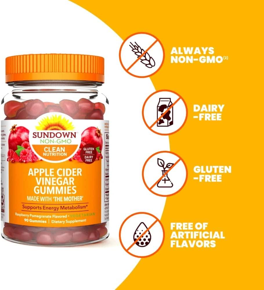 Sundown Apple Cider Vinegar Gummies, Supports Energy Metabolism, Raspberry Pomegranate Flavored, 90 Ct