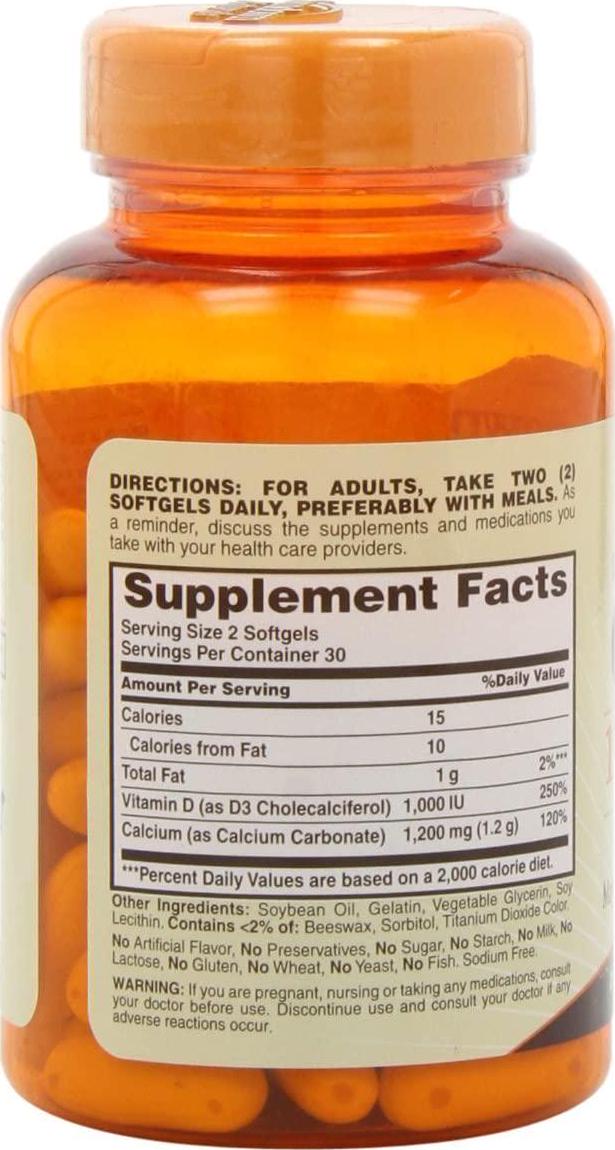 Sundown Naturals Calcium 1200 Plus Vitamin D3 1000 IU, 60 Liquid Filled Softgels