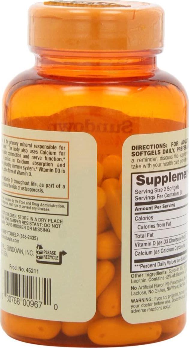 Sundown Naturals Calcium 1200 Plus Vitamin D3 1000 IU, 60 Liquid Filled Softgels