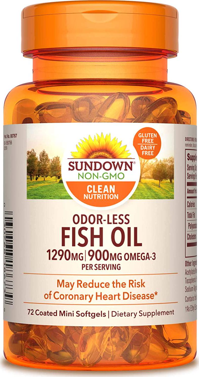 Sundown Naturals Fish Oil Omega 3-1290 mg, 72 Odorless Coated Mini Softgels