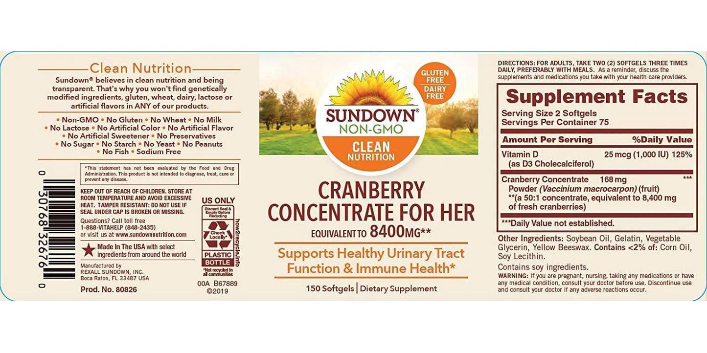 Sundown Super Cranberry 8400 mg Plus Vitamin D3 1000 IU, 150 Softgels