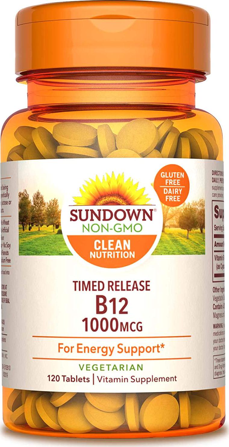 Sundown Vitamin B-12, Cellular Energy Support, Vegetarian, Vegan-Friendly 1000 mcg, Non-GMO, Free of Gluten, Dairy, Artificial Flavors 120 Count (Pack of 1)