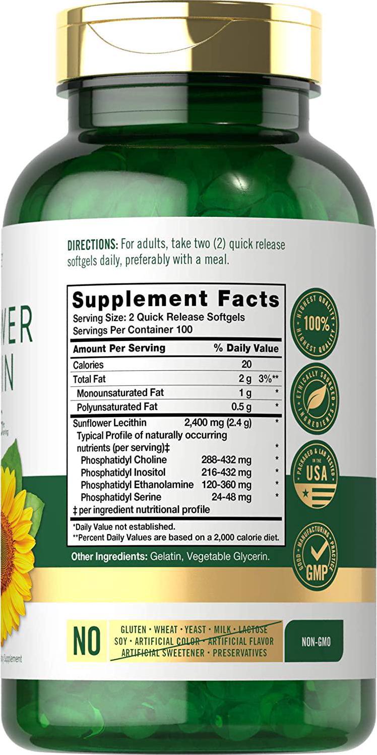 Sunflower Lecithin 2400mg | 200 Softgels | Rich in Phosphatidyl Choline | Non-GMO, Soy Free, Gluten Free Supplement | by Carlyle
