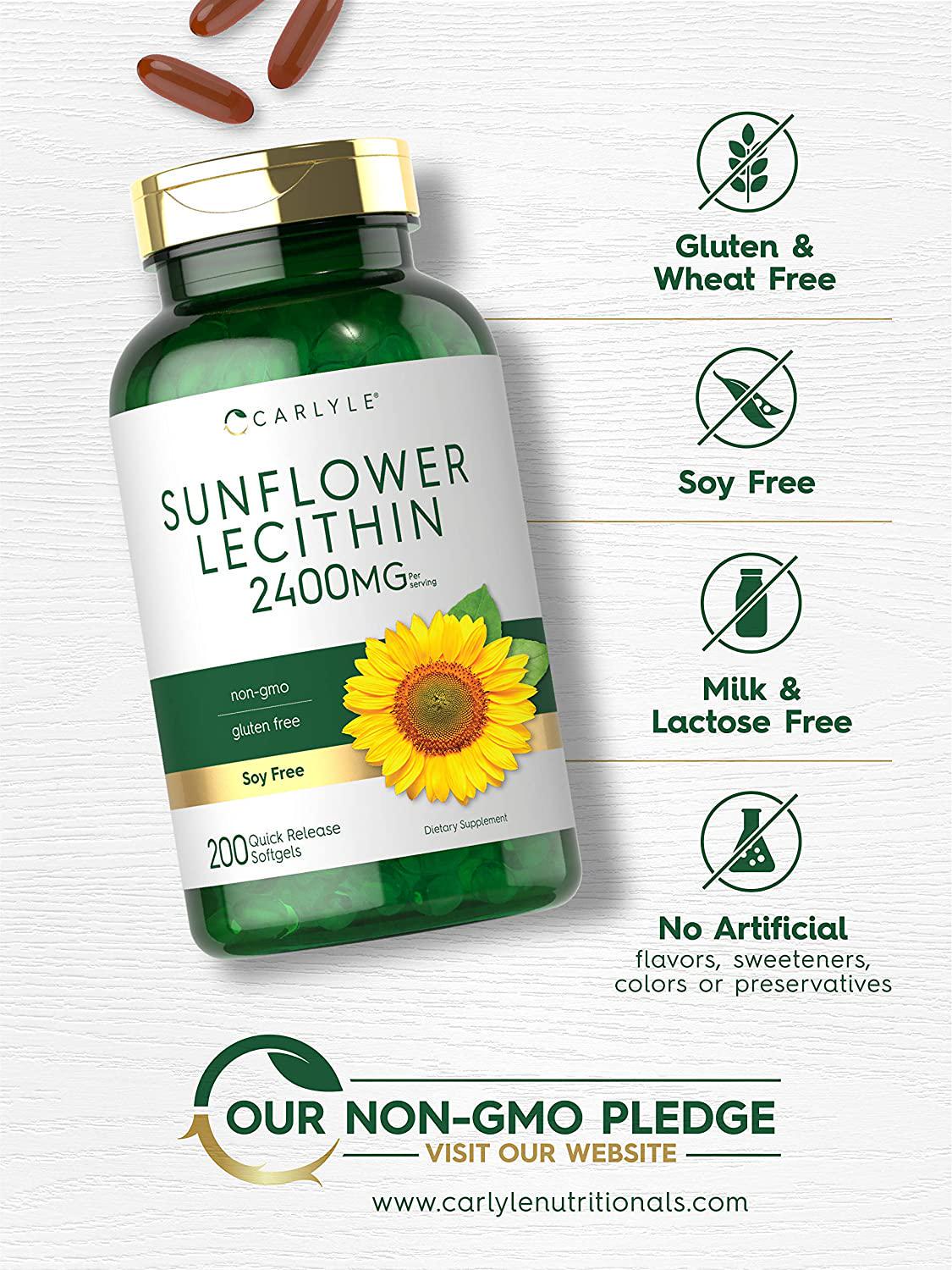 Sunflower Lecithin 2400mg | 200 Softgels | Rich in Phosphatidyl Choline | Non-GMO, Soy Free, Gluten Free Supplement | by Carlyle