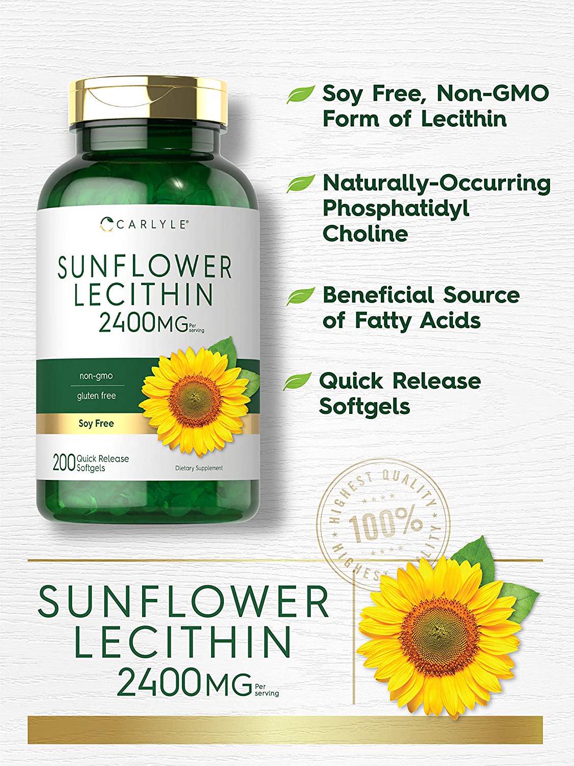 Sunflower Lecithin 2400mg | 200 Softgels | Rich in Phosphatidyl Choline | Non-GMO, Soy Free, Gluten Free Supplement | by Carlyle