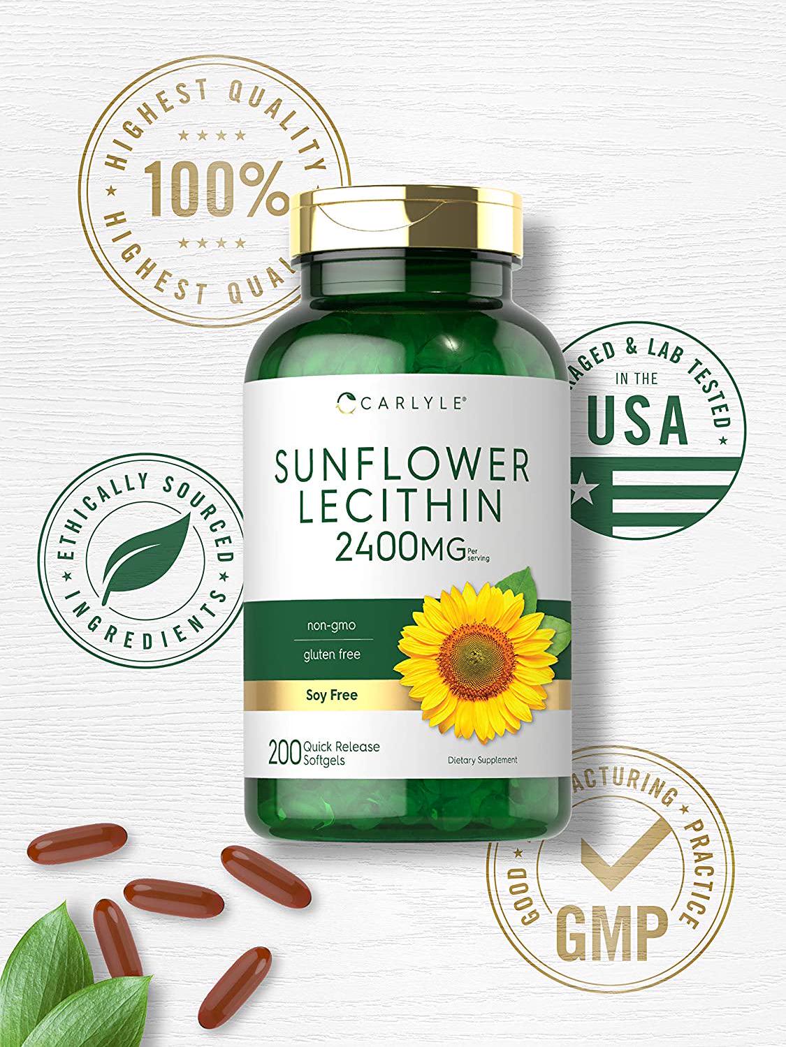 Sunflower Lecithin 2400mg | 200 Softgels | Rich in Phosphatidyl Choline | Non-GMO, Soy Free, Gluten Free Supplement | by Carlyle