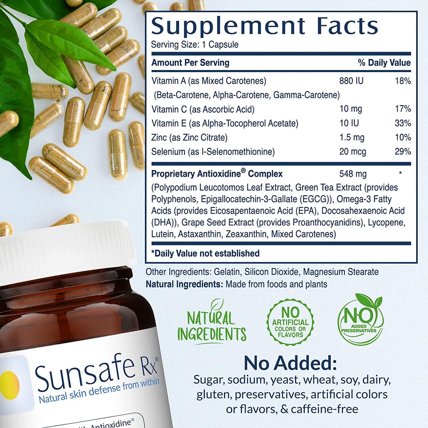 Sunsafe Rx Capsules - Natural, Healthy, Anti-Aging Nutritional Supplement with Antioxidants That Protect Your Skin and Eyes (30 Capsules)