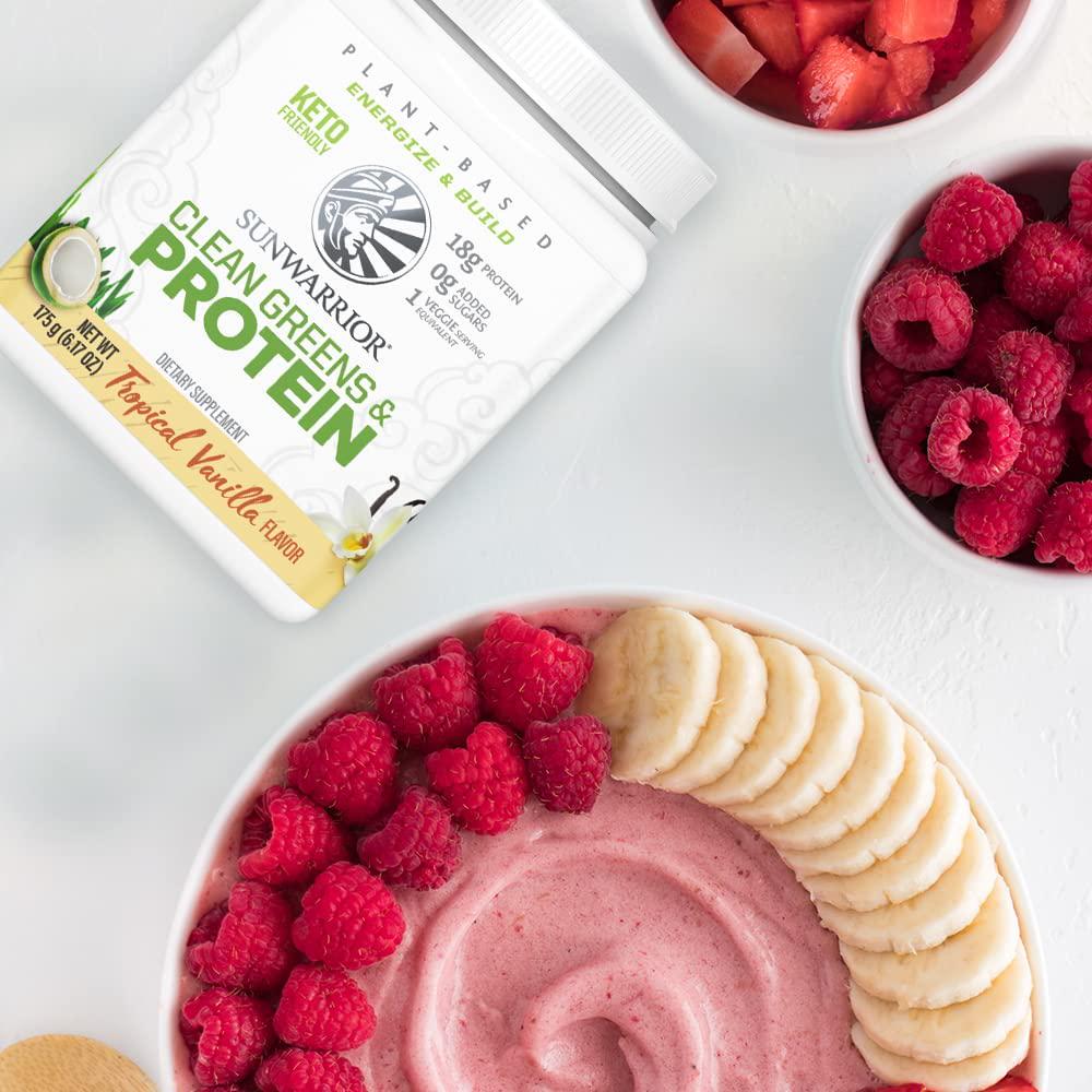 Sunwarrior Clean Greens and Protein Organic Greens Powder Superfood No Added Sugar Non GMO Soy Free Gluten Free Dairy Free Keto Friendly Green Superfood Powder (Tropical Vanilla) (175 Gram)