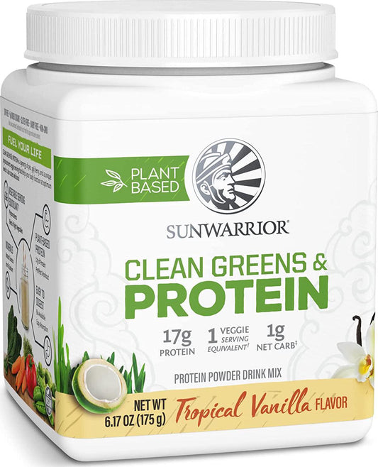 Sunwarrior Clean Greens and Protein Organic Greens Powder Superfood No Added Sugar Non GMO Soy Free Gluten Free Dairy Free Keto Friendly Green Superfood Powder (Tropical Vanilla) (175 Gram)