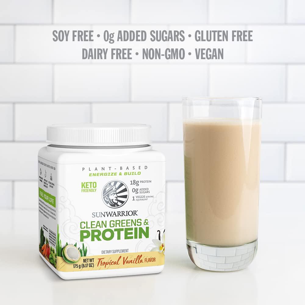 Sunwarrior Clean Greens and Protein Organic Greens Powder Superfood No Added Sugar Non GMO Soy Free Gluten Free Dairy Free Keto Friendly Green Superfood Powder (Tropical Vanilla) (175 Gram)