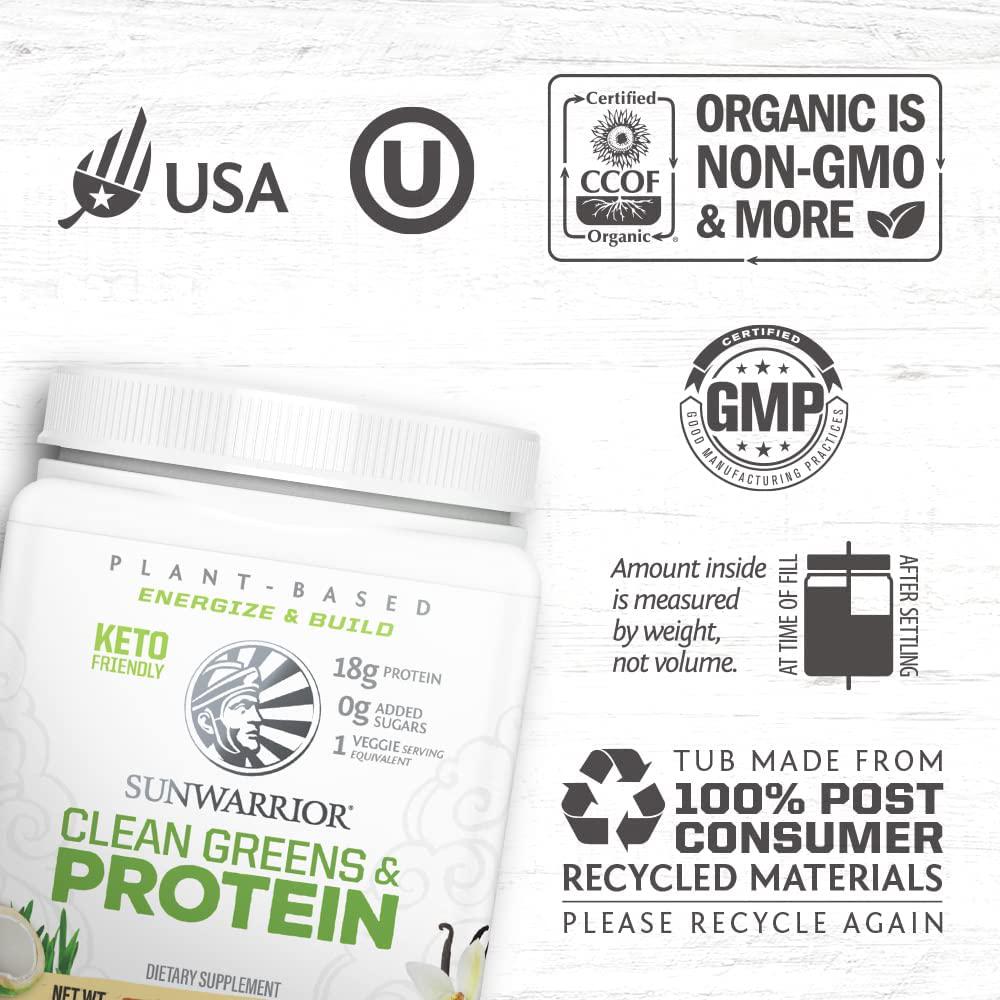 Sunwarrior Clean Greens and Protein Organic Greens Powder Superfood No Added Sugar Non GMO Soy Free Gluten Free Dairy Free Keto Friendly Green Superfood Powder (Tropical Vanilla) (175 Gram)