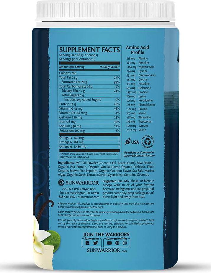 Sunwarrior Clean Keto Vegan Protein Powder with MCT Oil Essential Vitamins and Plant Based Protein Peptides (Tropical Vanilla) (720 Gram)