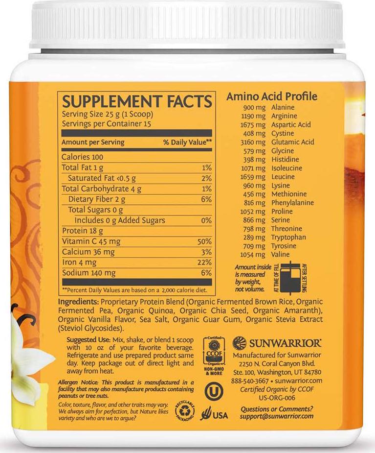 Sunwarrior Organic Classic Plus Vanilla Protein Powder 375 g, Vanilla 375 grams