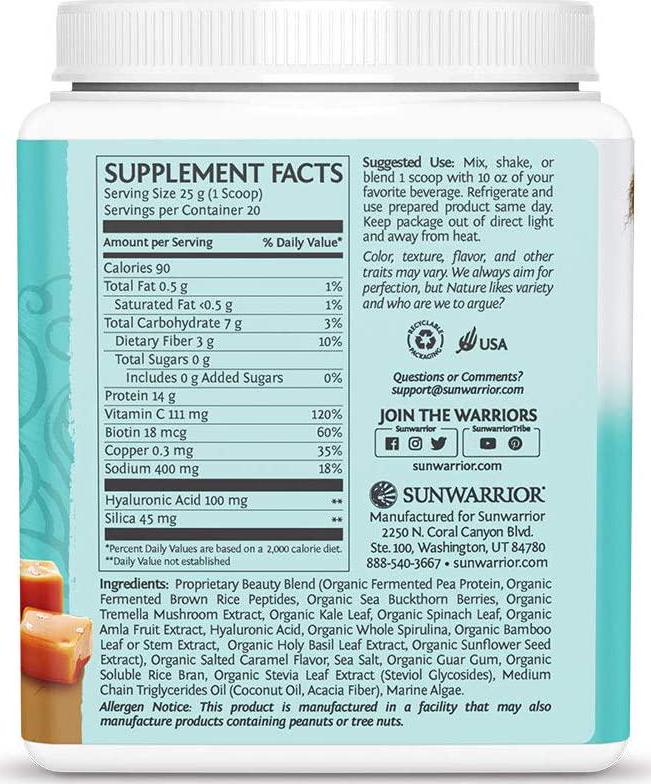 Sunwarrior Plant-Based Collagen Building Protein Peptides, Organic and Vegan Protein Powder, Hyaluronic Acid, and Biotin (Salted Caramel, 500G)