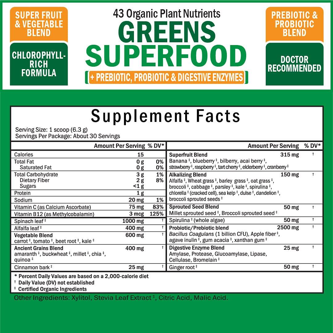 Super Greens Powder - 3 Servings of Veggies per Scoop | 45+ Organic Green Superfoods (Alfalfa, Chlorella, Spirulina and More) + Digestive Enzymes - Keto Friendly Vegan Supplement