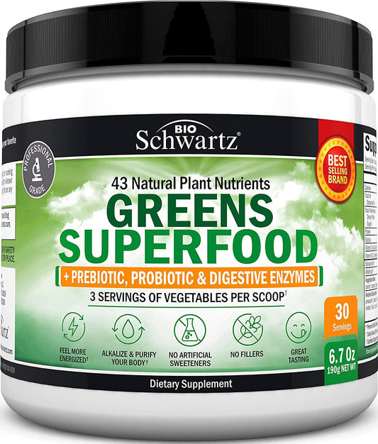 Super Greens Powder - 3 Servings of Veggies per Scoop | 45+ Organic Green Superfoods (Alfalfa, Chlorella, Spirulina and More) + Digestive Enzymes - Keto Friendly Vegan Supplement