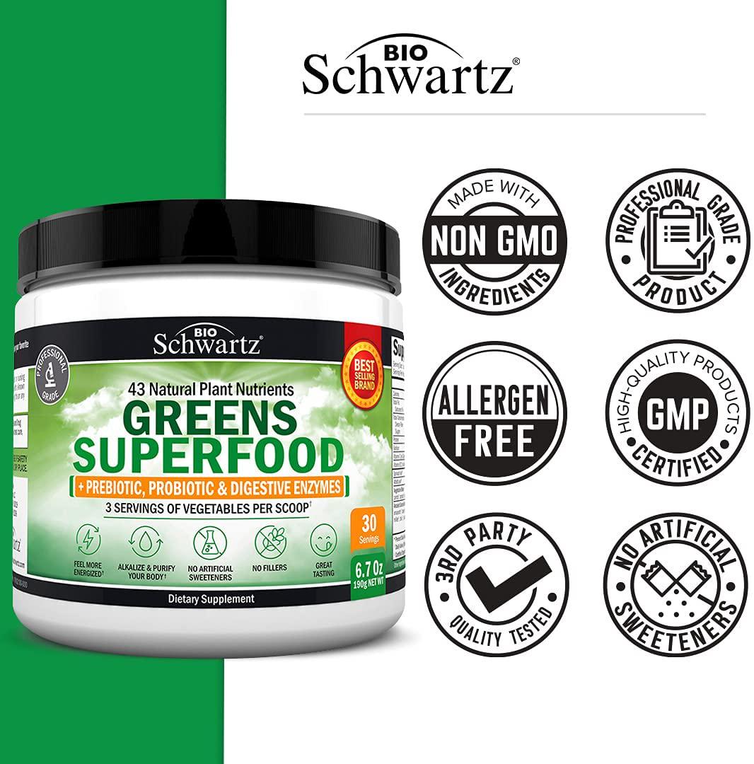 Super Greens Powder - 3 Servings of Veggies per Scoop | 45+ Organic Green Superfoods (Alfalfa, Chlorella, Spirulina and More) + Digestive Enzymes - Keto Friendly Vegan Supplement