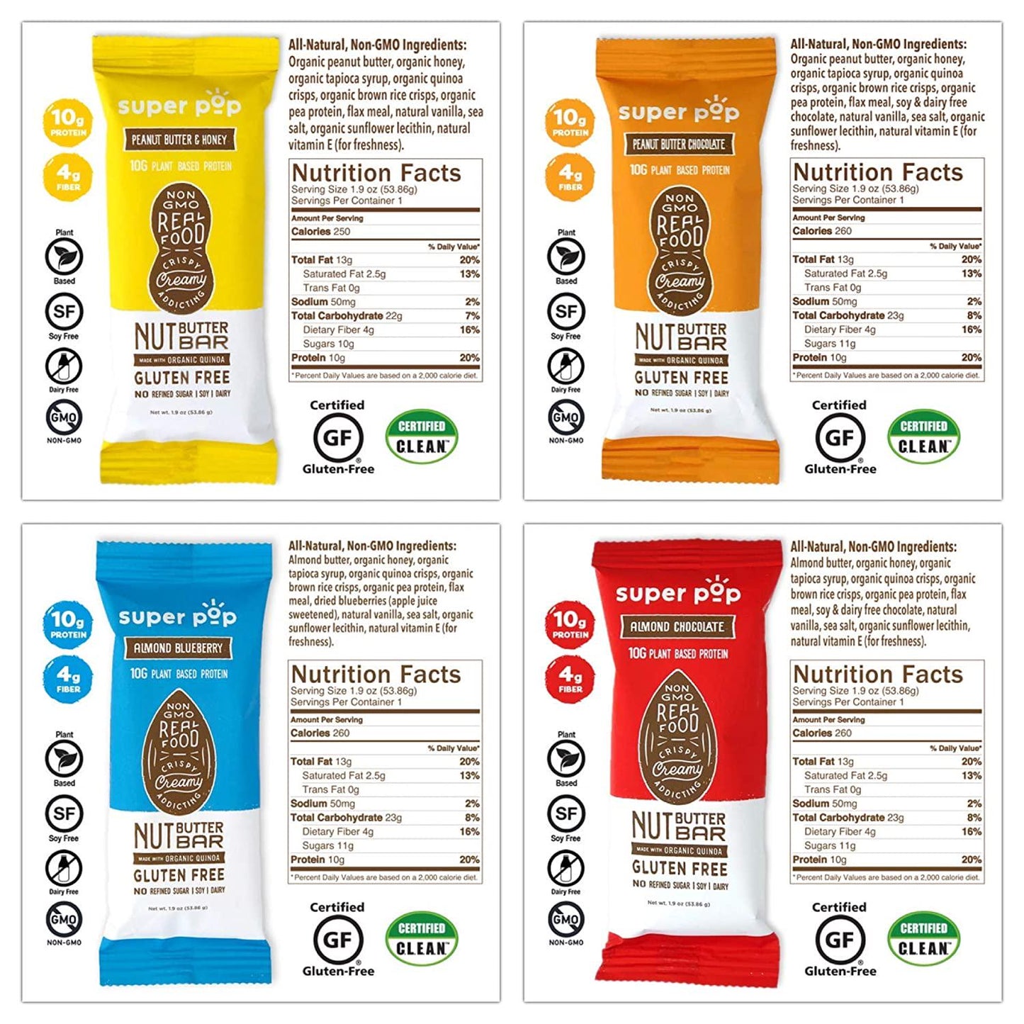 Super Pop Snacks, Clean Plant Based Protein Bars, All-Natural Nut Butter Bars With Organic Whole Foods, Delicious, Meal Replacement, Gluten Free, Soy Free, Dairy Free, 10g Protein, Variety Pack (8 Pack)