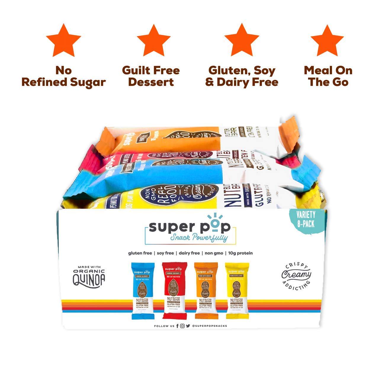 Super Pop Snacks, Clean Plant Based Protein Bars, All-Natural Nut Butter Bars With Organic Whole Foods, Delicious, Meal Replacement, Gluten Free, Soy Free, Dairy Free, 10g Protein, Variety Pack (8 Pack)