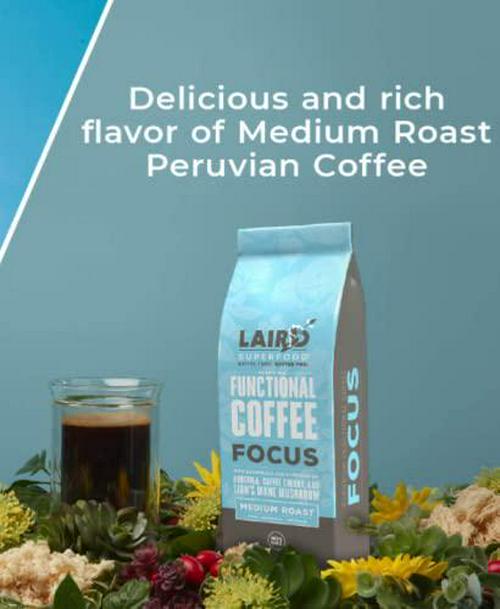 Superfood Laird Peruvian Ground Coffee with Functional Mushrooms, Certified Organic Peruvian Ground Coffee Beans, Gluten-Free, Dairy-Free, Non-GMO, Paleo, Keto Friendly - 2 Pack 12oz each (24oz Total) (Focus)