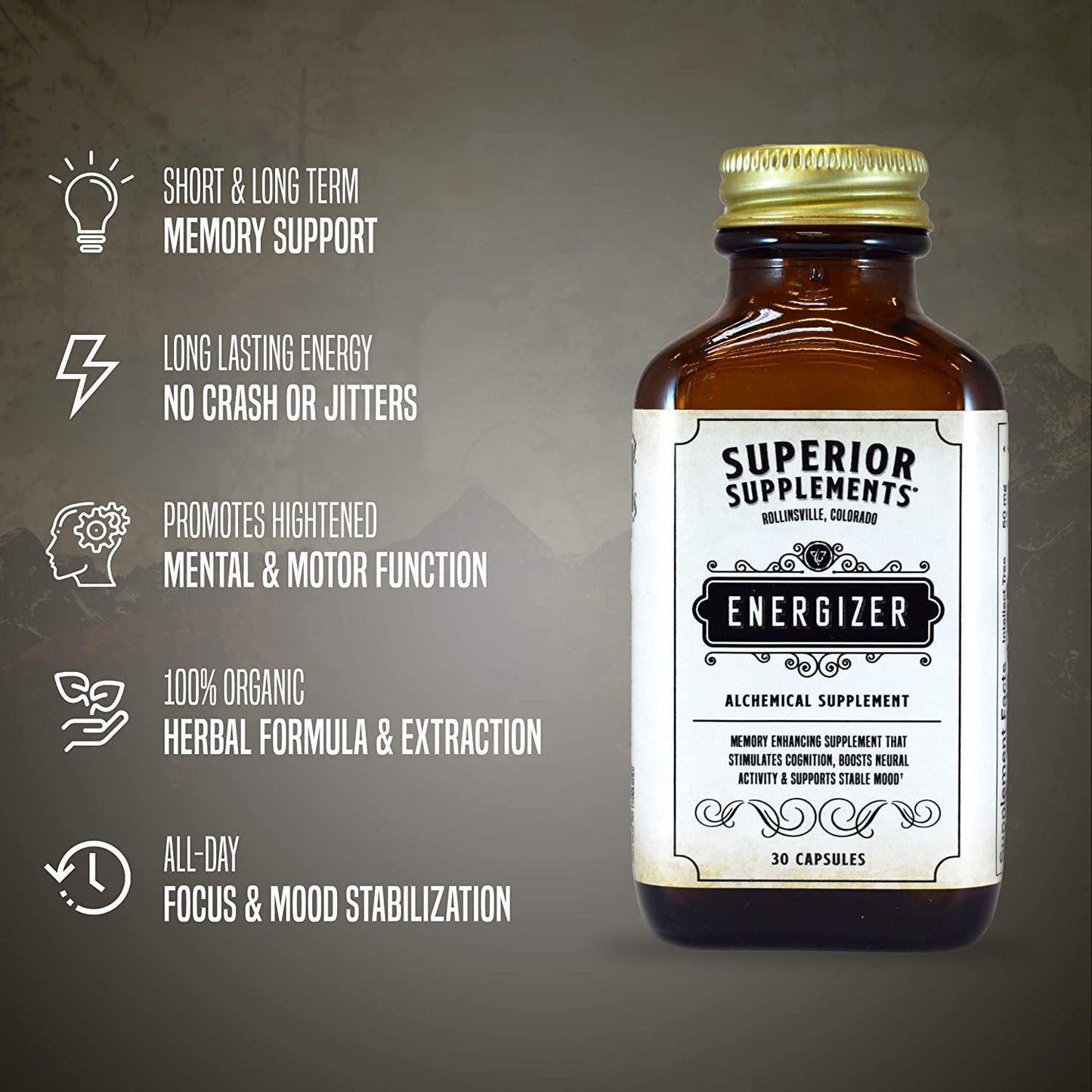 Superior Supplements Energizer Nootropic Energy and Focus Pills - 30 Super Vitamin Capsules - Enhanced Brain Stimulant, Neuro Booster, Increase Focus and Clarity