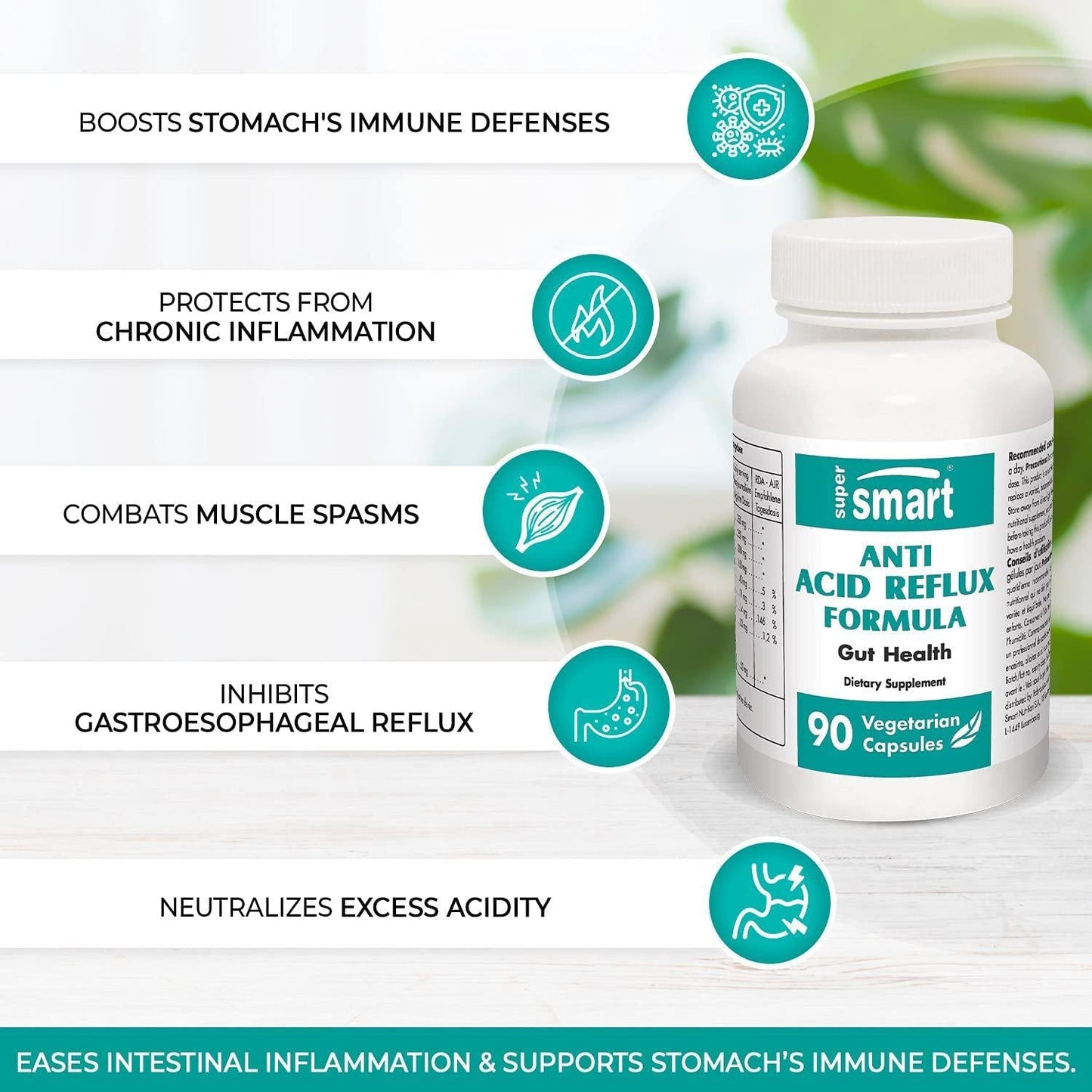 Supersmart - Anti-Acid Reflux - Relieve Heartburn and Acid Reflux Naturally | 100% Natural Non-GMO and Gluten Free - 90 Vegetarian Capsules