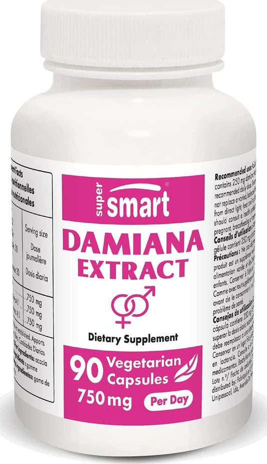 Supersmart - Damiana Extract 750 mg Per Day - Herbal Supplement - Tonic Herb - 100% Natural Aphrodisiac | Non-GMO and Gluten Free - 90 Vegetarian Capsules